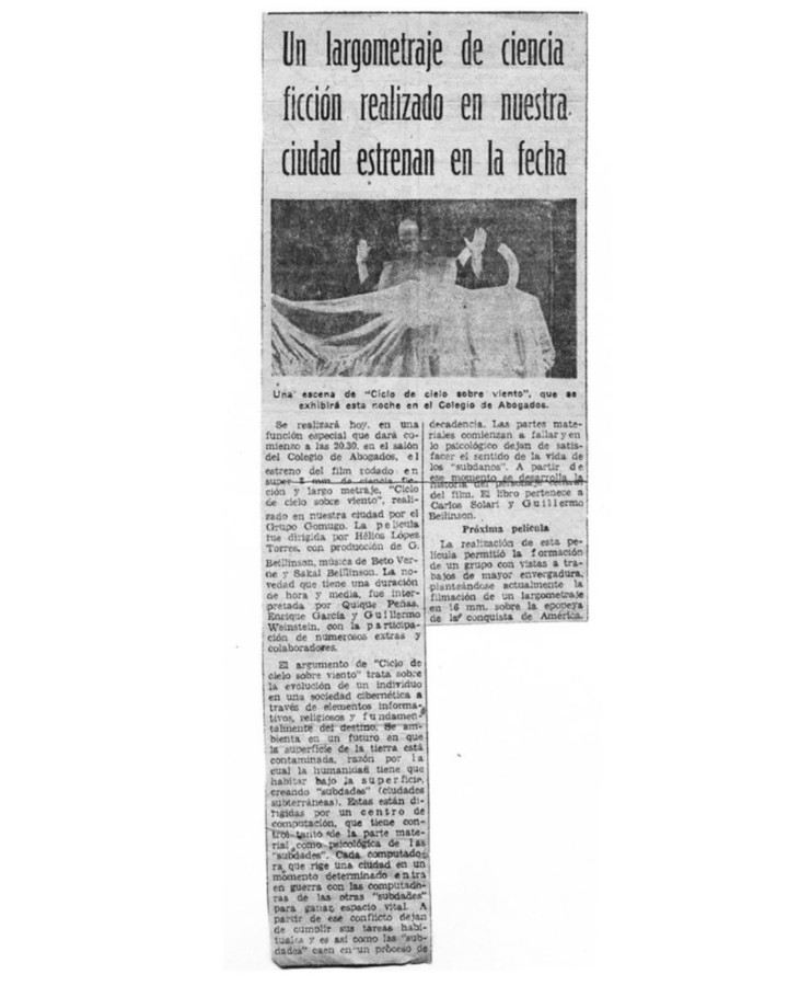 Fragmento del diario "El Día", de La Plata, sobre el estreno de "Ciclo de cielo sobre viento". Foto: Libro "Recuerdos que mienten un poco". 