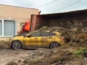 Un camión repleto de estiércol volcó todo su contenido sobre un BMW dorado
