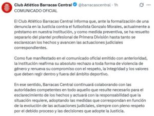 Barracas Central confirmó que separó del plantel a Gonzalo Morales tras ser denunciado por violencia de género